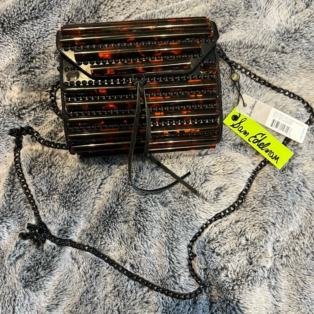 NWT Sam Edelman Hallie Iron Hardcase Clutch Crossbody Black/Whiskey *SEE PICS* - Picture 3 of 8